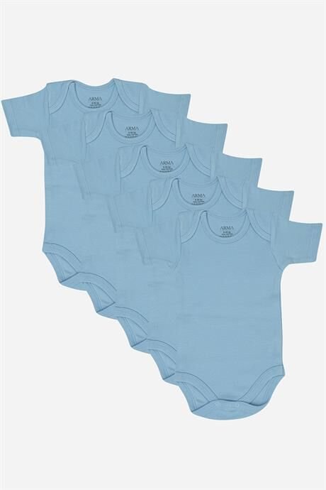 %100 Organik Pamuklu Mavi Kısa Kollu Bebek Body 5'li Paket