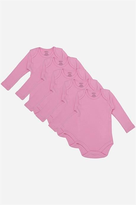 %100 Organik Pamuklu Pembe Uzun Kollu Bebek Body 5'li Paket