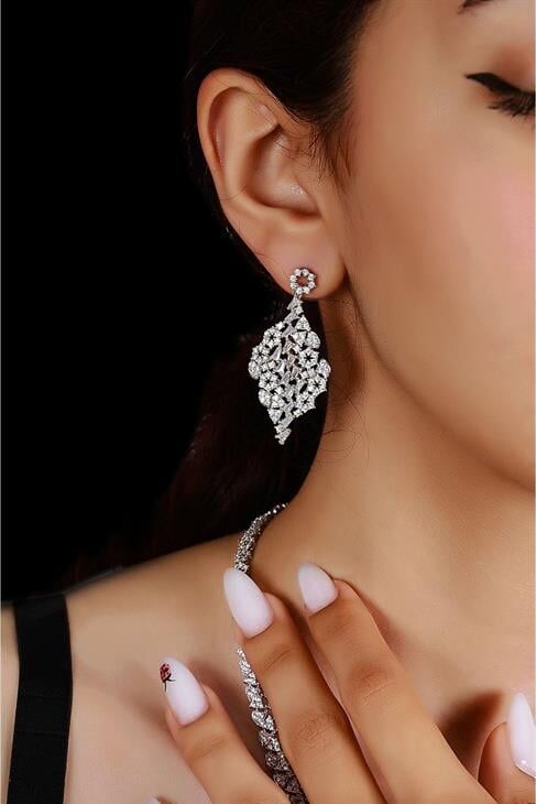 Özel Zirkonium Taşlı Gümüş Kaplamalı Kolye Küpe Abiye Takım Seti