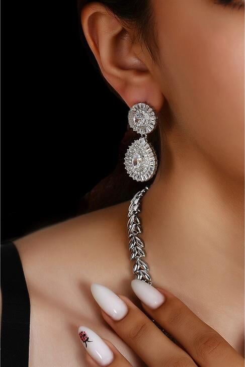 Özel Zirkonium Taşlı Gümüş Kaplamalı Kolye Küpe Abiye Takım Seti