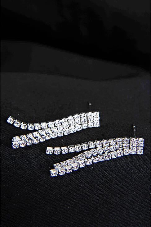 Parlak Stras Taşlı Gümüş Kaplamalı Kolye Küpe Abiye Takım Seti