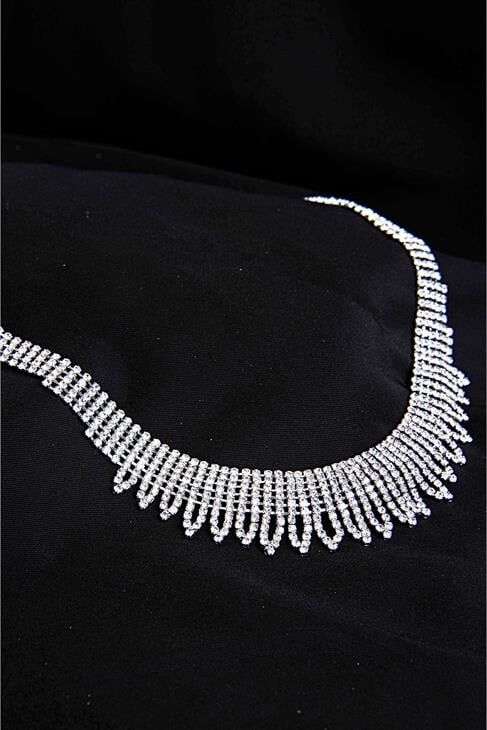 Özel Stras Taşlı Gümüş Kaplamalı Kolye Küpe Abiye Takım Seti