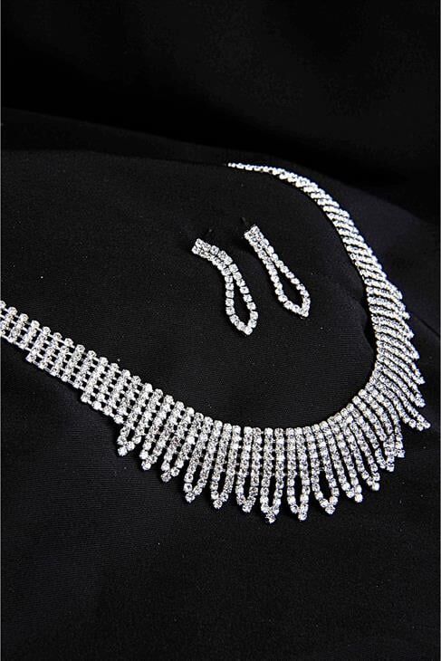 Özel Stras Taşlı Gümüş Kaplamalı Kolye Küpe Abiye Takım Seti