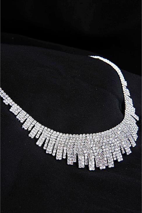 Özel Stras Taşlı Gümüş Kaplamalı Kolye Küpe Abiye Takım Seti