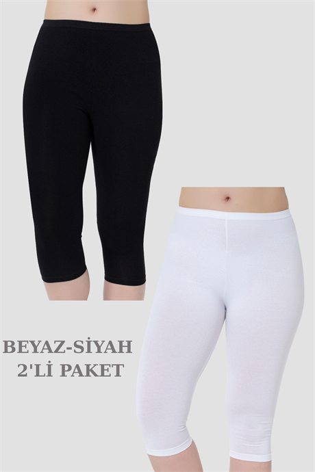 Kadın Diz Altı Kapri Boy Penye Tayt Beyaz - Siyah 2'li Paket