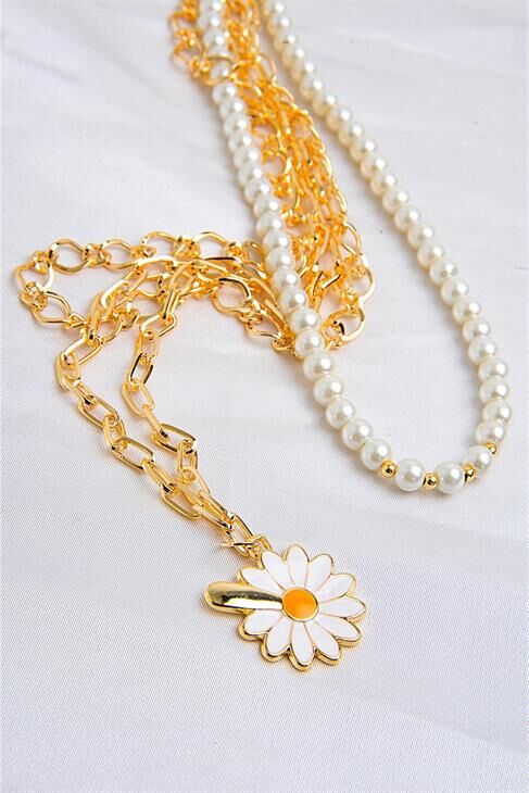 Papatya Tasarımlı Incili Yüksek Kaliteli Zincirli Kolye