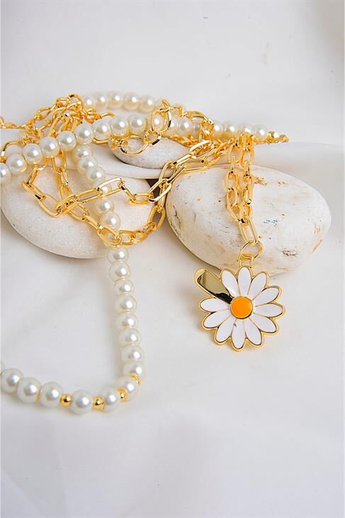 Papatya Tasarımlı Incili Yüksek Kaliteli Zincirli Kolye