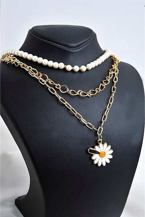 Papatya Tasarımlı Incili Yüksek Kaliteli Zincirli Kolye