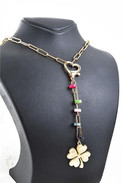 Yonca Tasarımlı Kalpli Rengarek Boncuklu Yüksek Kaliteli Zincirli Kolye