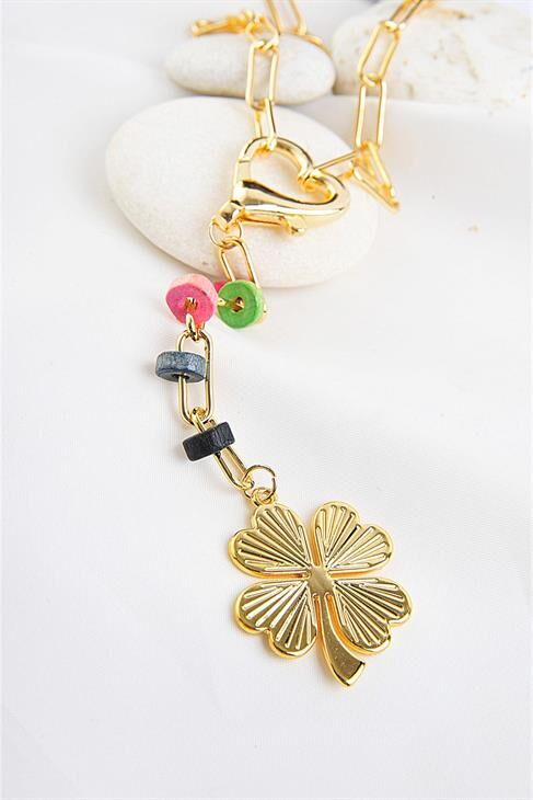 Yonca Tasarımlı Kalpli Rengarek Boncuklu Yüksek Kaliteli Zincirli Kolye