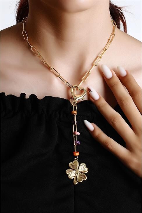 Yonca Tasarımlı Kalpli Rengarek Boncuklu Yüksek Kaliteli Zincirli Kolye