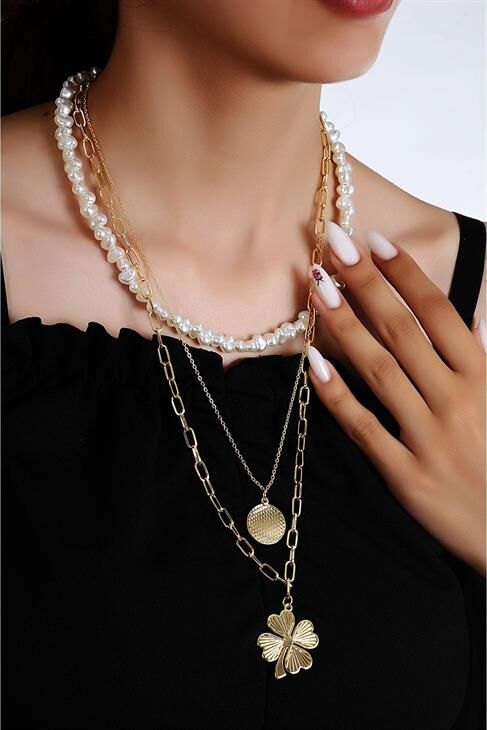 Yonca Tasarımlı Cam Incili Yüksek Kaliteli 3lü Zincirli Kolye