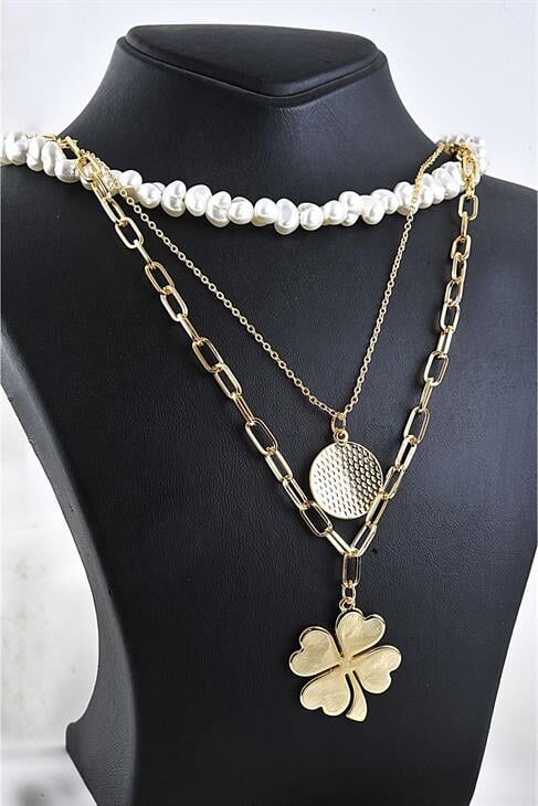 Yonca Tasarımlı Cam Incili Yüksek Kaliteli 3lü Zincirli Kolye