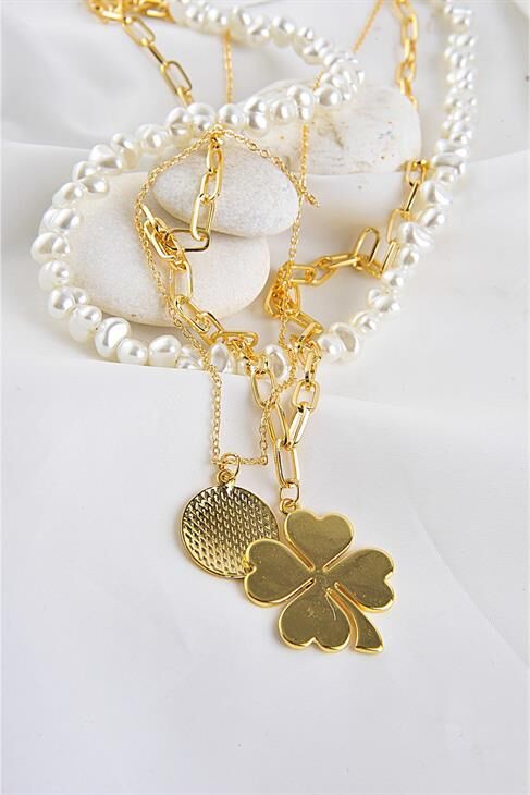 Yonca Tasarımlı Cam Incili Yüksek Kaliteli 3lü Zincirli Kolye