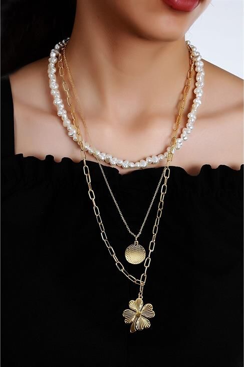 Yonca Tasarımlı Cam Incili Yüksek Kaliteli 3lü Zincirli Kolye