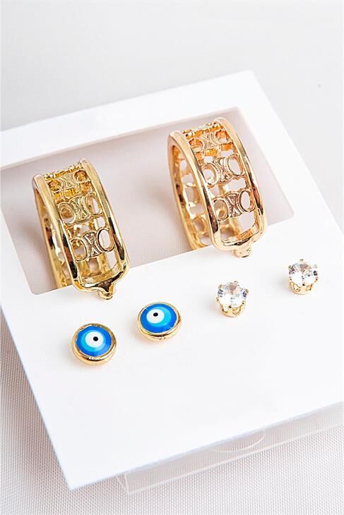 Zirkonium Nazarlık Tasarımlı Halka Ve Tektaş Küpeli 6lı Küpe Seti