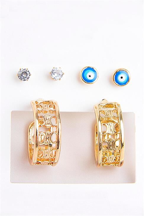 Zirkonium Nazarlık Tasarımlı Halka Ve Tektaş Küpeli 6lı Küpe Seti