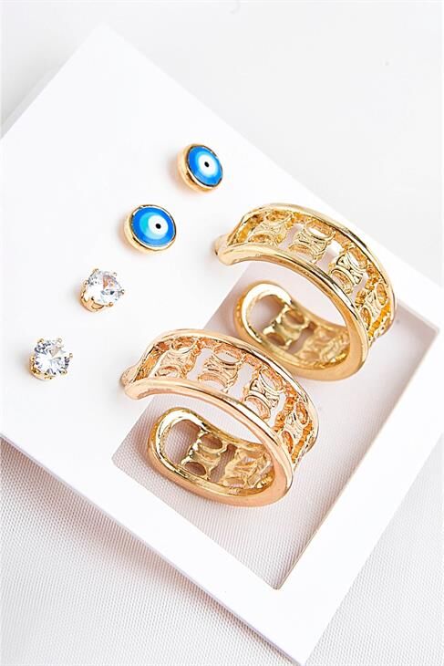 Zirkonium Nazarlık Tasarımlı Halka Ve Tektaş Küpeli 6lı Küpe Seti