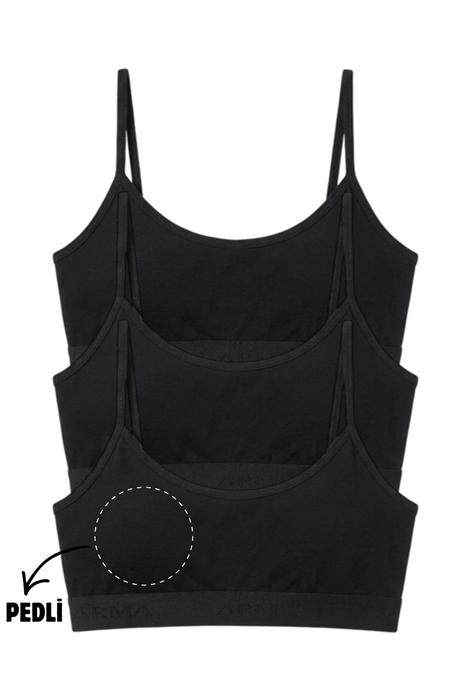 Genç Kız İp Askılı Çıkarılabilir Pedli Yarım Atlet Alıştırma Sütyeni 3'lü Paket Siyah