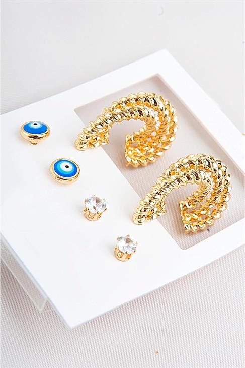 Zirkonium Nazarlık Tasarımlı Halka Ve Tektaş Küpeli 6lı Küpe Seti