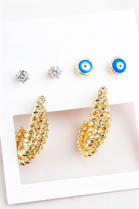 Zirkonium Nazarlık Tasarımlı Halka Ve Tektaş Küpeli 6lı Küpe Seti