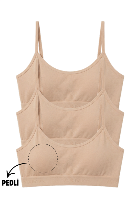 Genç Kız İp Askılı Çıkarılabilir Pedli Yarım Atlet Alıştırma Sütyeni 3'lü Paket Ten