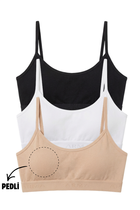 Genç Kız İp Askılı Çıkarılabilir Pedli Yarım Atlet Alıştırma Sütyeni 3'lü Paket Renkli