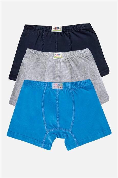 Erkek Çocuk Pamuklu Yumuşak ve Esnek Likralı Boxer 3'lü Lacivert Gri Mavi