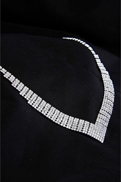 Özel Stras Taşlı Gümüş Kaplamalı Kolye Küpe Abiye Takım Seti