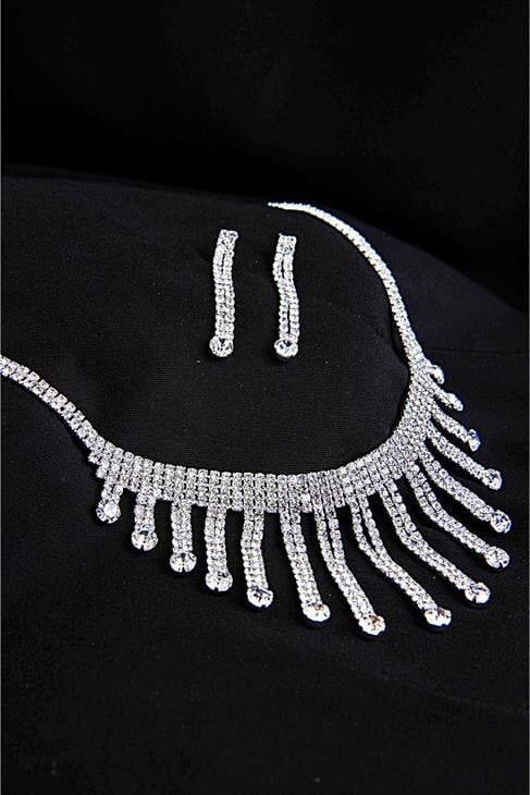 Özel Stras Taşlı Gümüş Kaplamalı Kolye Küpe Abiye Takım Seti