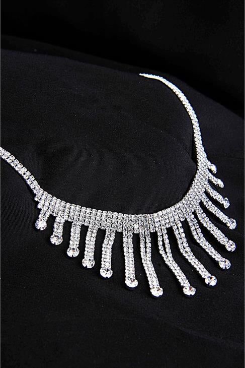 Özel Stras Taşlı Gümüş Kaplamalı Kolye Küpe Abiye Takım Seti