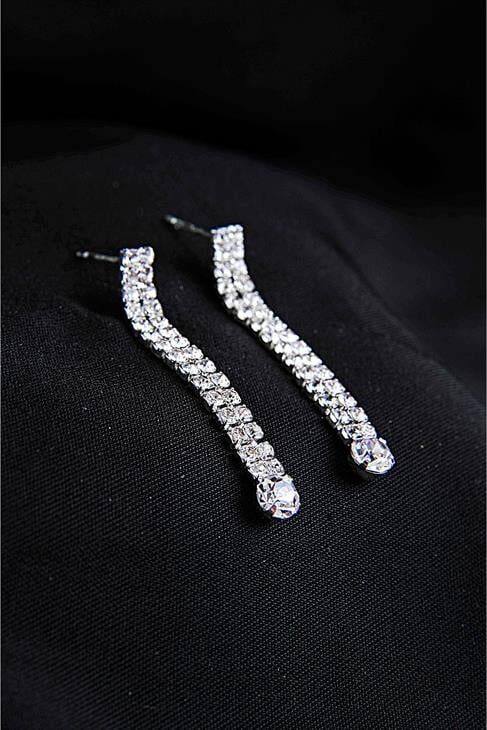 Özel Stras Taşlı Gümüş Kaplamalı Kolye Küpe Abiye Takım Seti