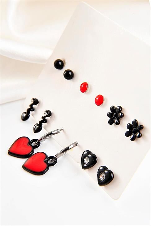 Siyah Kalp Ve Çiçek Tasarımlı Halka Ve Top Küpeli Küpe 12li Set