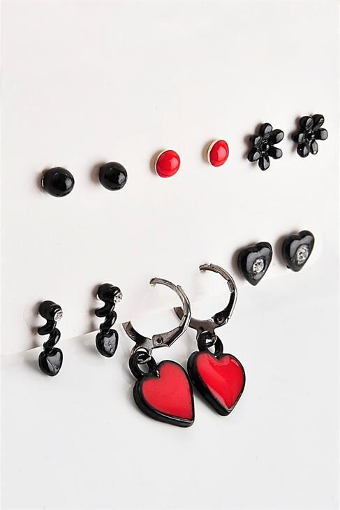Siyah Kalp Ve Çiçek Tasarımlı Halka Ve Top Küpeli Küpe 12li Set