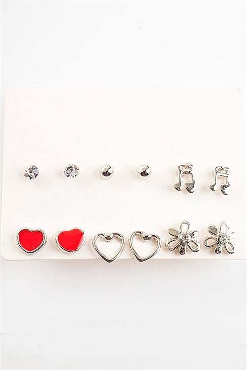 Nota Kalp  Çiçek Tasarımlı Halka Ve Top Küpeli Küpe 12li Set