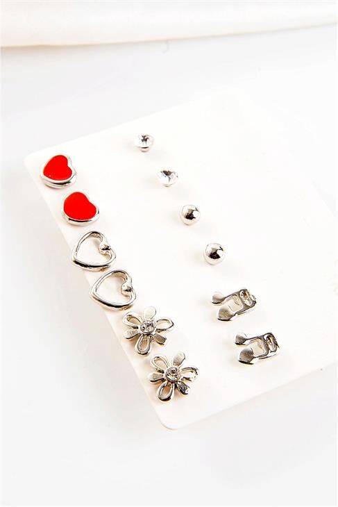 Nota Kalp  Çiçek Tasarımlı Halka Ve Top Küpeli Küpe 12li Set