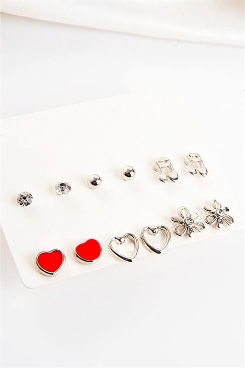 Nota Kalp  Çiçek Tasarımlı Halka Ve Top Küpeli Küpe 12li Set