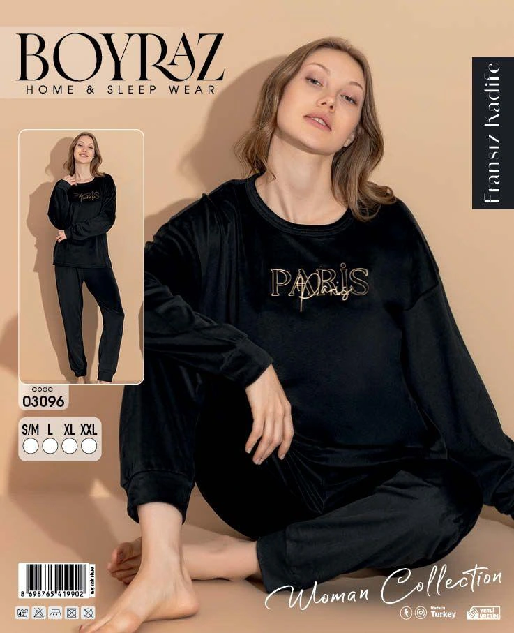 Boyraz 03096 Fransız Kadife Kumaş Uzun Kol Pijama Takımı