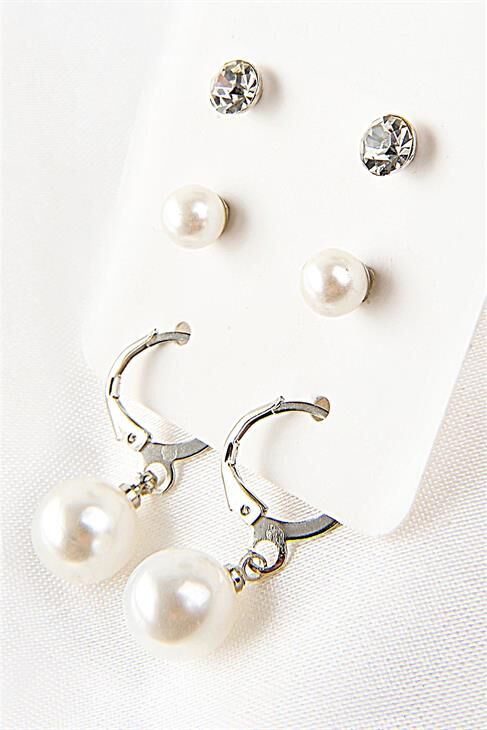 Incili Top Küpeli Tektaşlı 6lı Küpe Seti