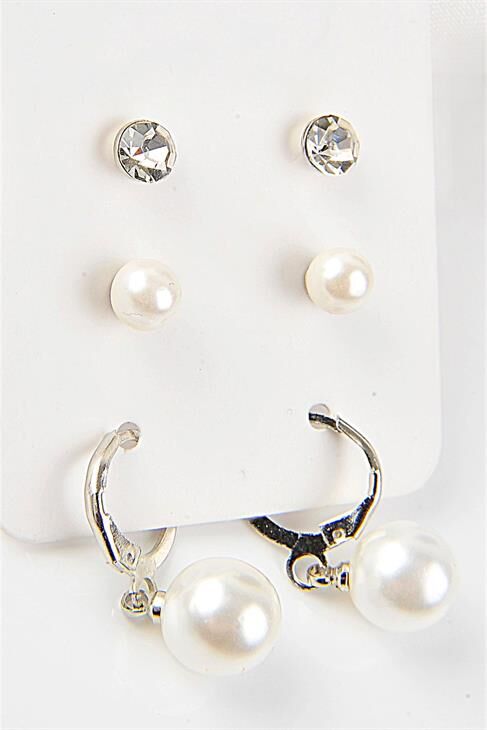 Incili Top Küpeli Tektaşlı 6lı Küpe Seti