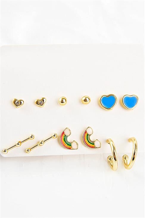 Gökkuşağı Ve Kalp Tasarımlı Tektaşlı Top Küpeli 12li Küpe Seti