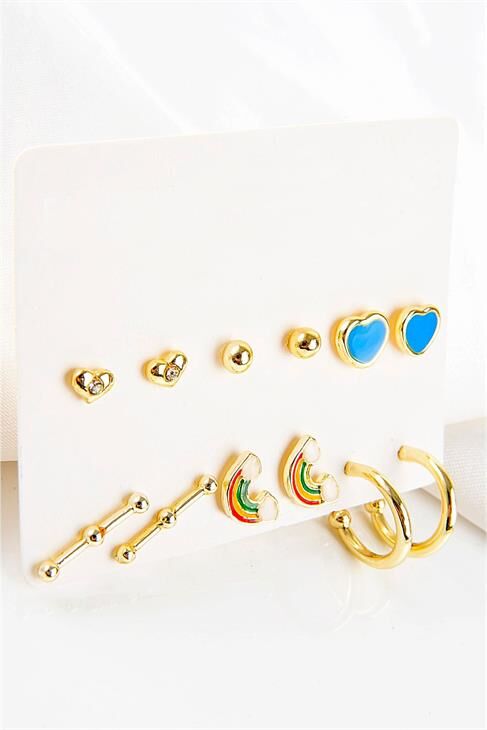 Gökkuşağı Ve Kalp Tasarımlı Tektaşlı Top Küpeli 12li Küpe Seti