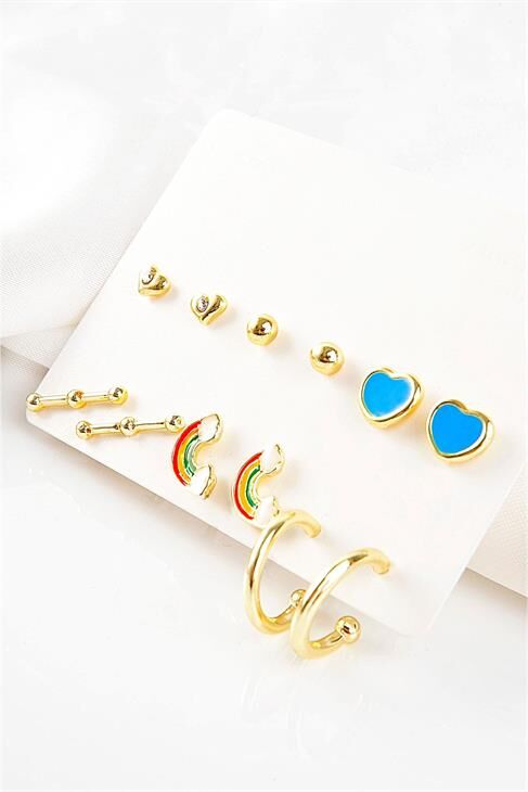 Gökkuşağı Ve Kalp Tasarımlı Tektaşlı Top Küpeli 12li Küpe Seti