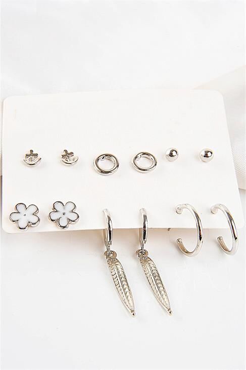 Yaprak Çiçek Ve Çapa Tasarımlı Halka Ve Tektaşlı Top Küpeli 12li Küpe Seti