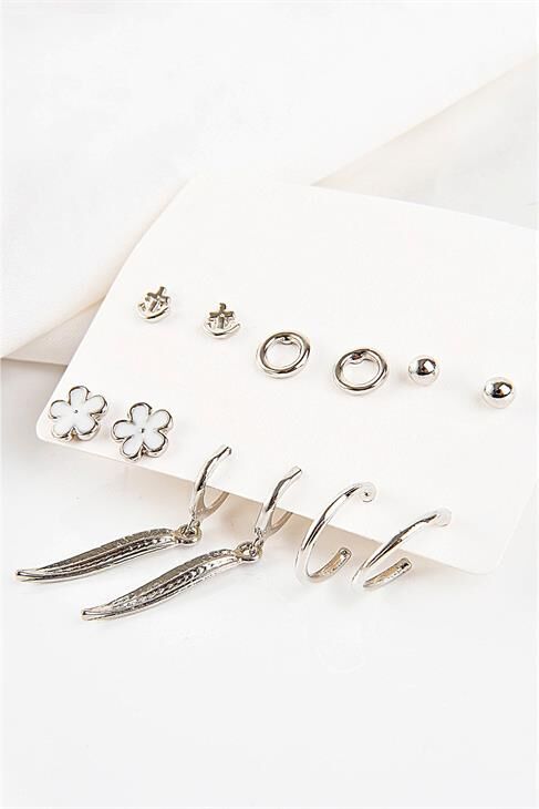 Yaprak Çiçek Ve Çapa Tasarımlı Halka Ve Tektaşlı Top Küpeli 12li Küpe Seti