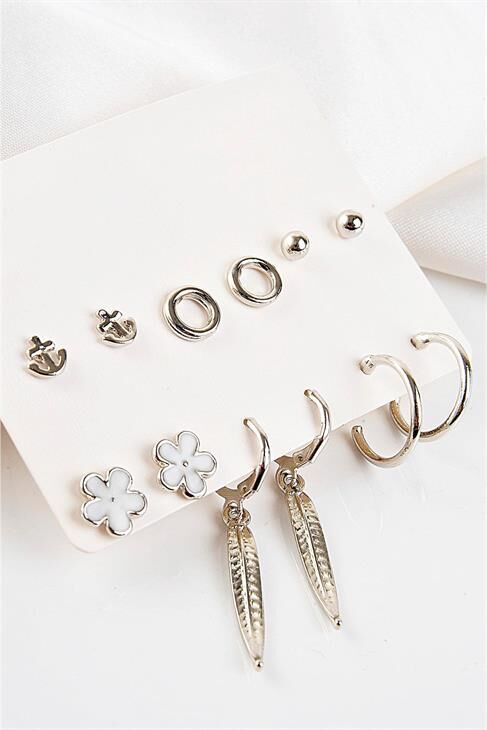 Yaprak Çiçek Ve Çapa Tasarımlı Halka Ve Tektaşlı Top Küpeli 12li Küpe Seti