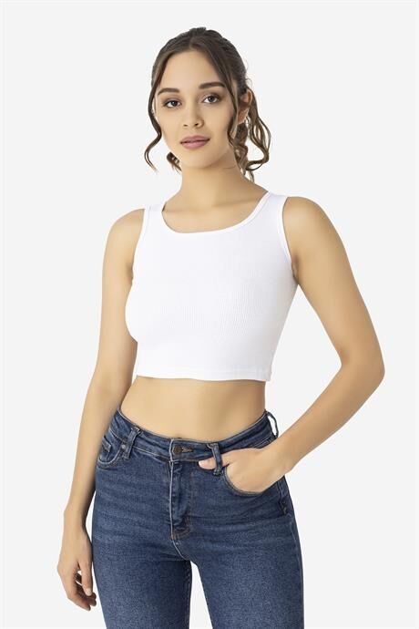 Kadın Pamuklu Fitilli Halter Yaka Kalın Askılı Crop Beyaz