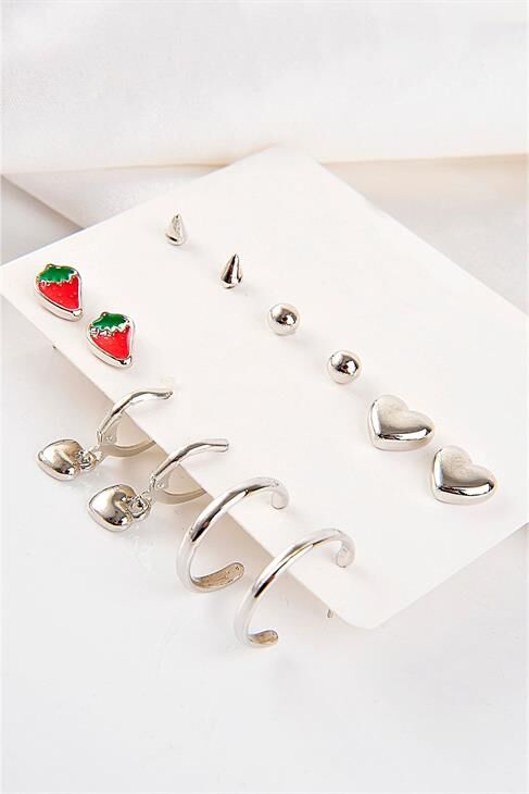 Kalp Ve Çilek Tasarımlı Halka Ve Tektaşlı Top Küpeli 12li Küpe Seti