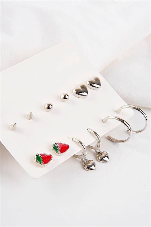Kalp Ve Çilek Tasarımlı Halka Ve Tektaşlı Top Küpeli 12li Küpe Seti