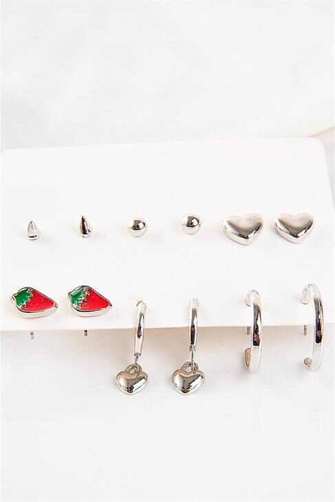 Kalp Ve Çilek Tasarımlı Halka Ve Tektaşlı Top Küpeli 12li Küpe Seti